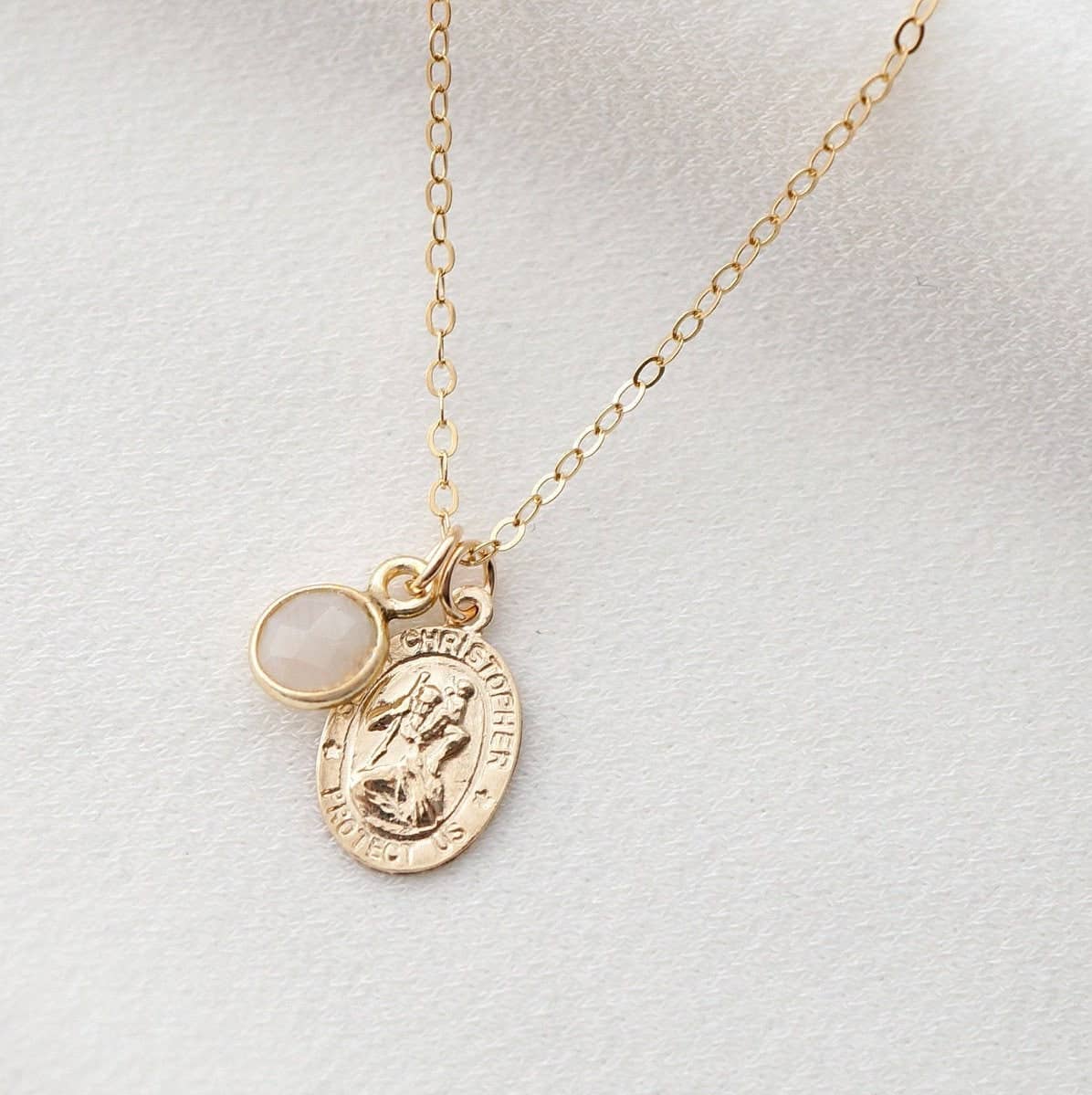 Traveler's Protection Gold Coin Medallion Moonstone Necklace